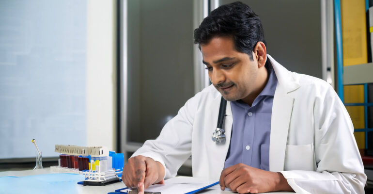 Indian male doctor checking for diabetes in a pathology lab