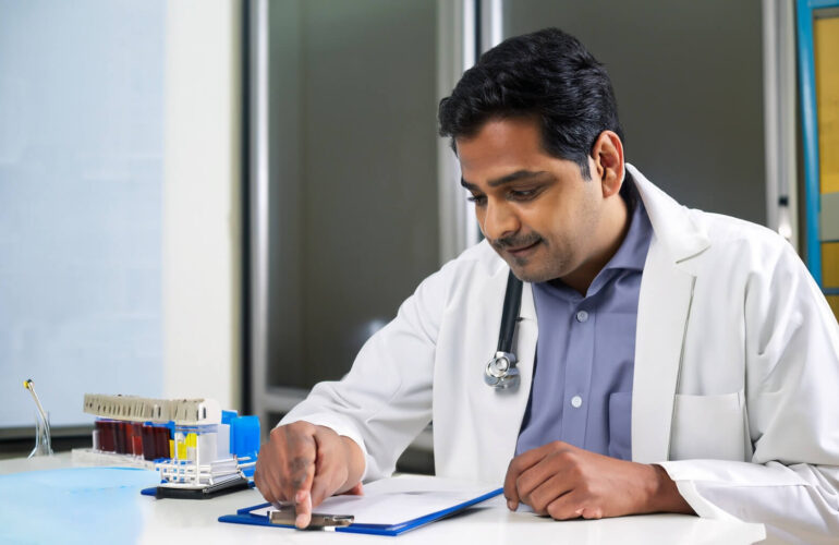 Indian male doctor checking for diabetes in a pathology lab